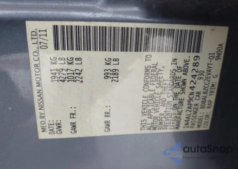 2012 Nissan Altima 2.5 S z USA, uszkodzony, nr VIN 1N4AL2AP9CN424289